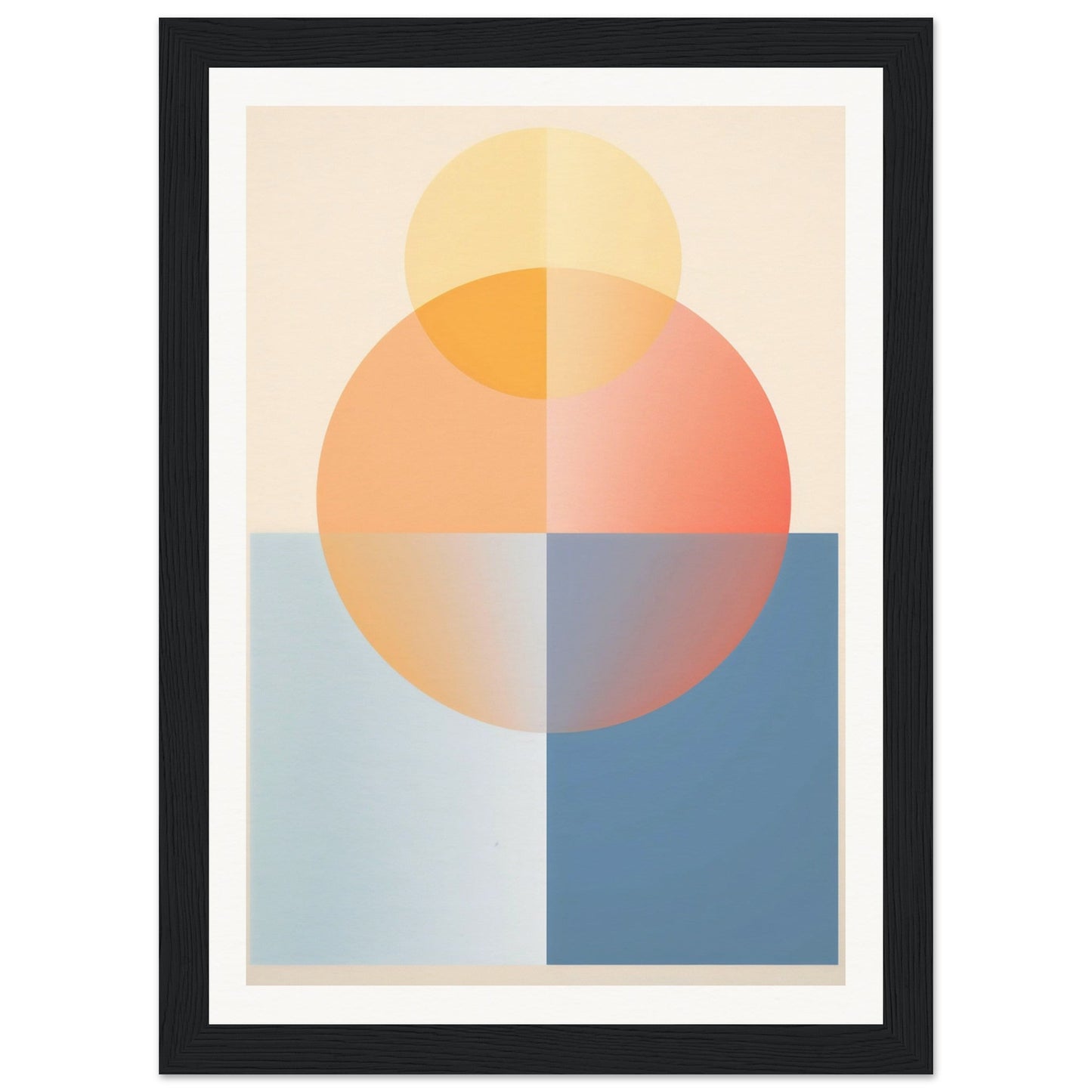 Abstract geometric composition featuring overlapping circles and rectangles in pastel colors.