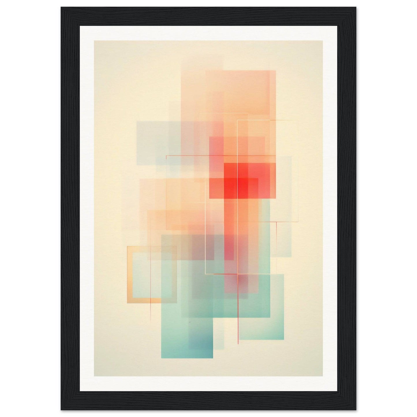 Abstract geometric artwork featuring overlapping translucent rectangles in soft pastel colors.