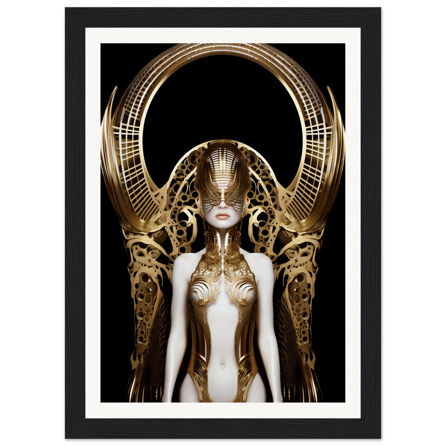 Futuristic female figure with an elaborate golden headdress and metallic body armor.