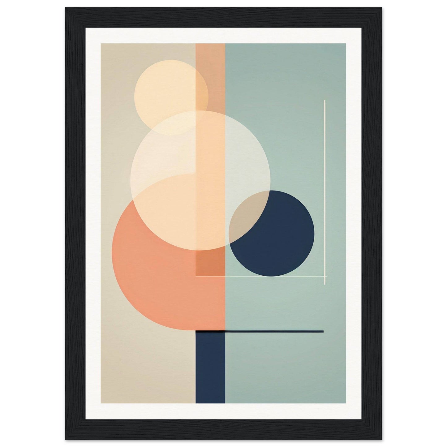 Abstract geometric artwork featuring overlapping circles and rectangles in muted pastel colors.