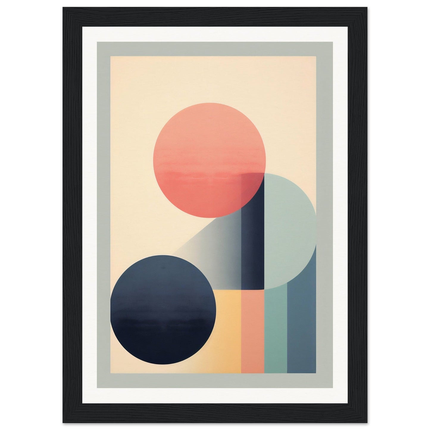 Abstract geometric artwork featuring circles and shapes in muted pastel colors.