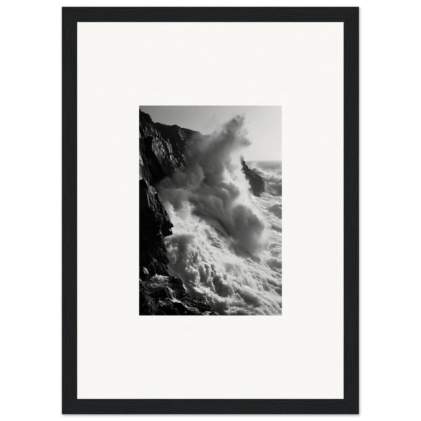Powerful ocean waves crashing against cliffs in Ephemeral Echoes Surge framed wall art