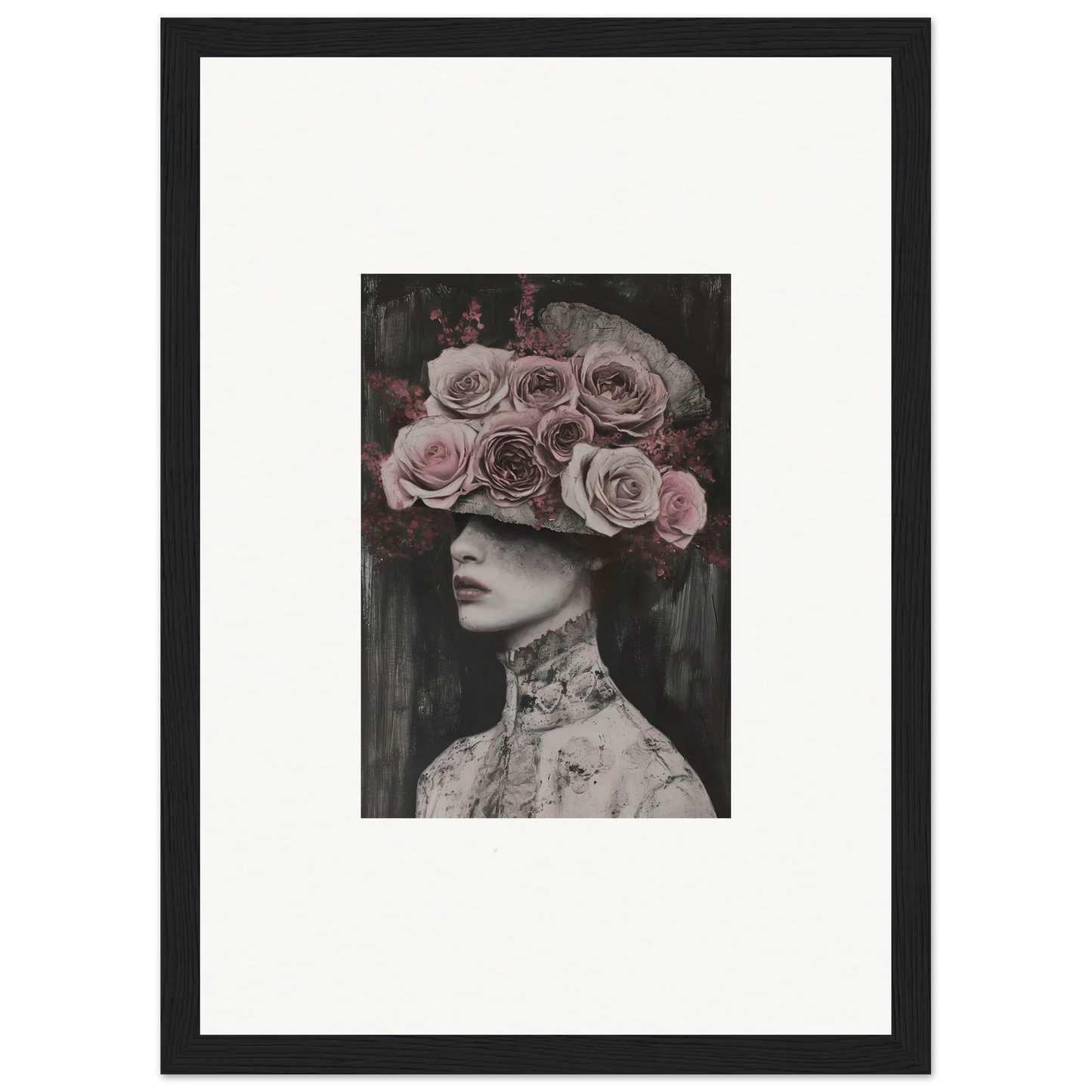 Black and white portrait with rose hat in Victorian dress from Floral Odyssey Veil art