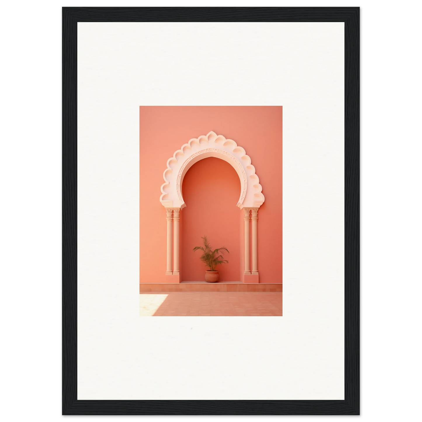 Scalloped archway with columns and plant in the Narco Échappatoire Portal framed wall art