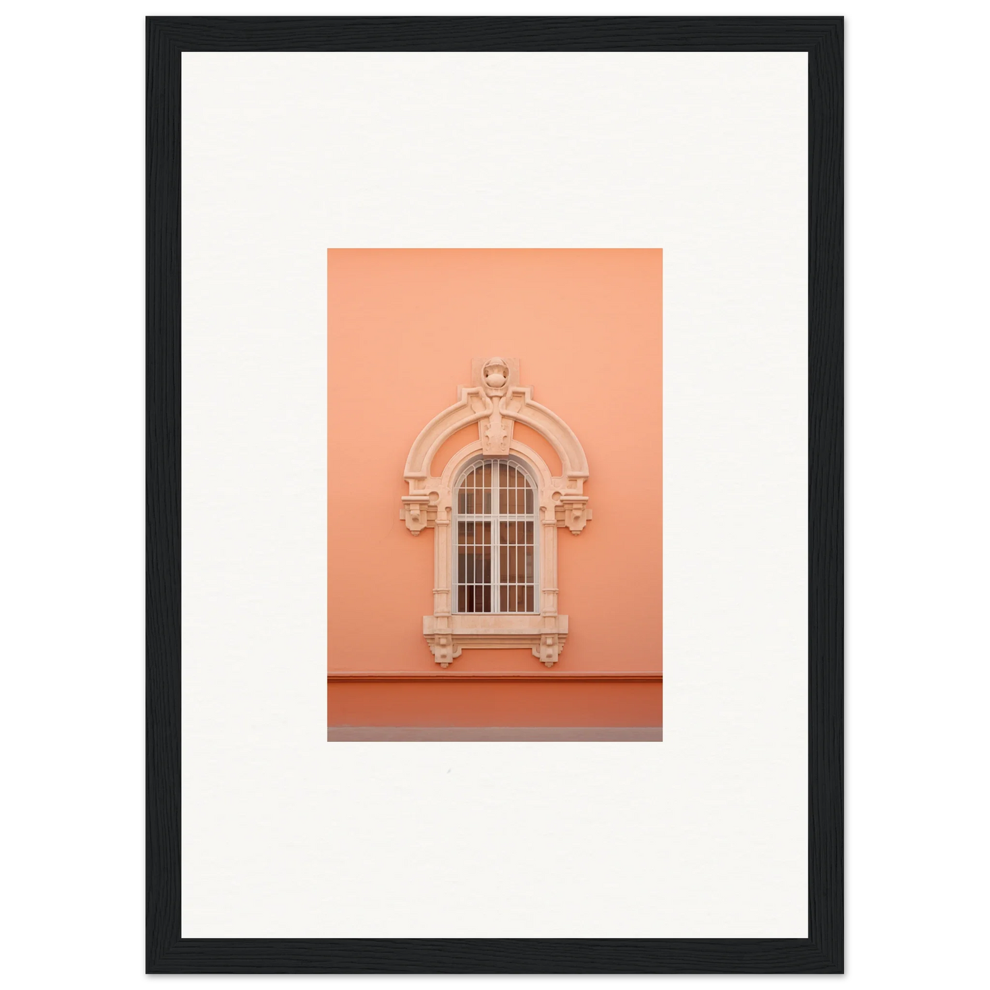 Ornate peach window with decor and bars in Opulent Dualities Neoclassical art™ design