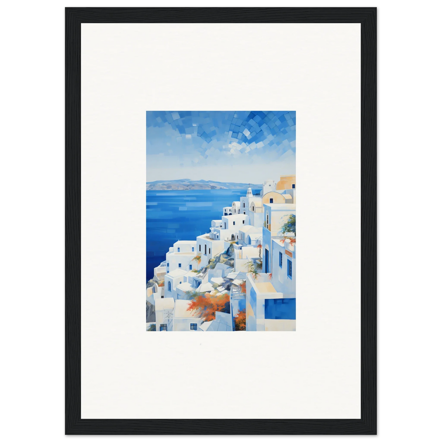 Framed wall art of white buildings in Santorini, part of Ethereal Azure Echoes