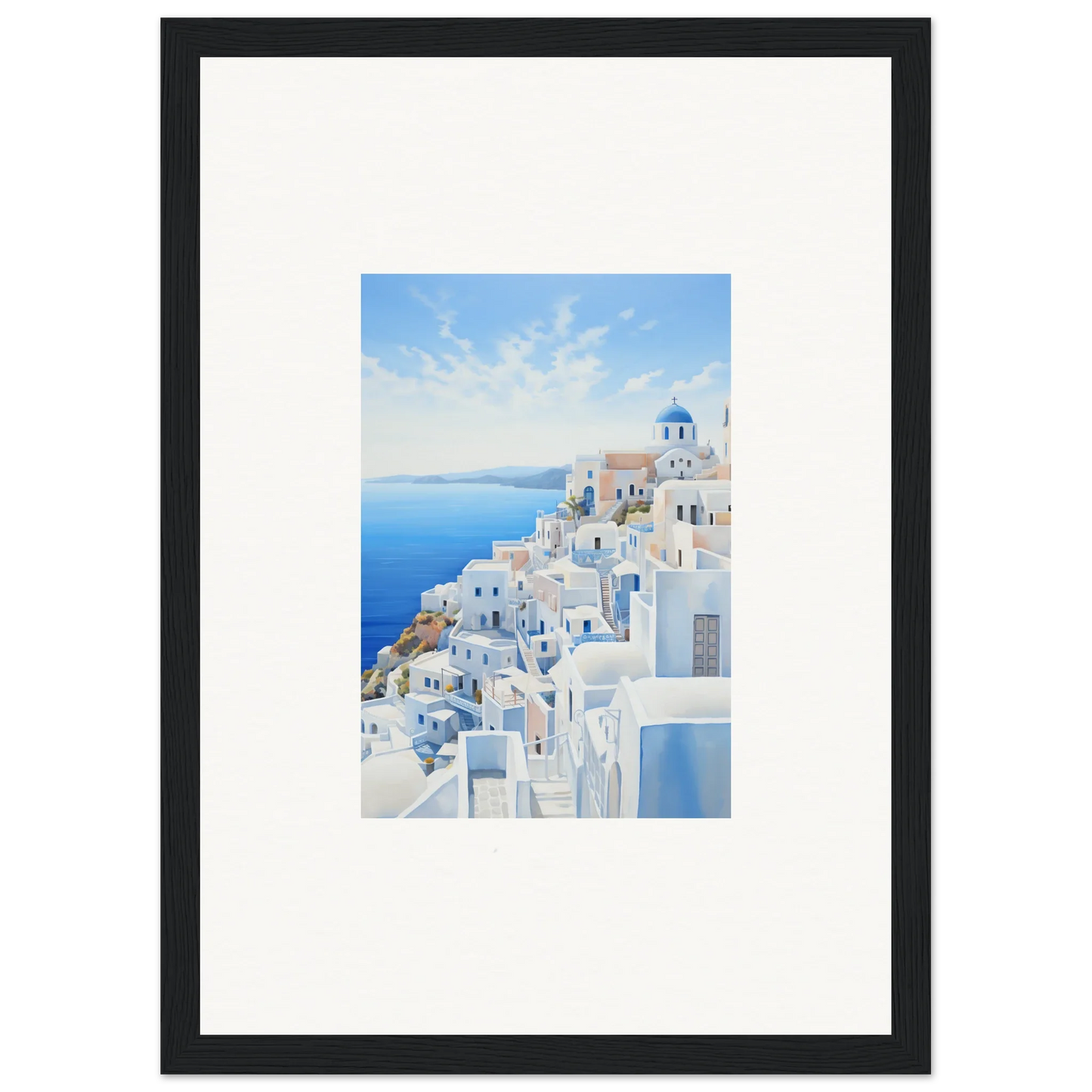 Framed artwork of Santorini’s iconic blue domes and white buildings, perfect for Dreams Overlapping Reality