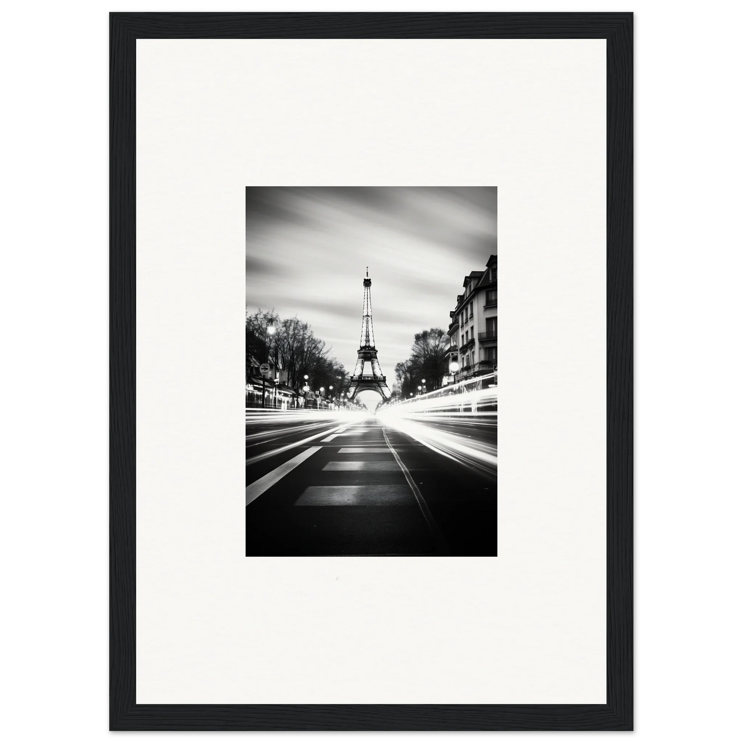 Black and white Eiffel Tower street view, perfect for Synth Wave Elysium framed wall art