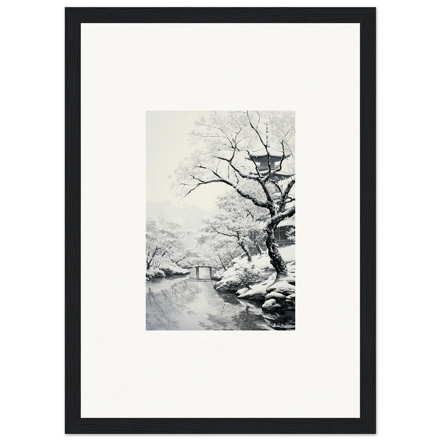 Black-framed artwork of a snowy stream in Chilled Lunar Embrace special edition art™