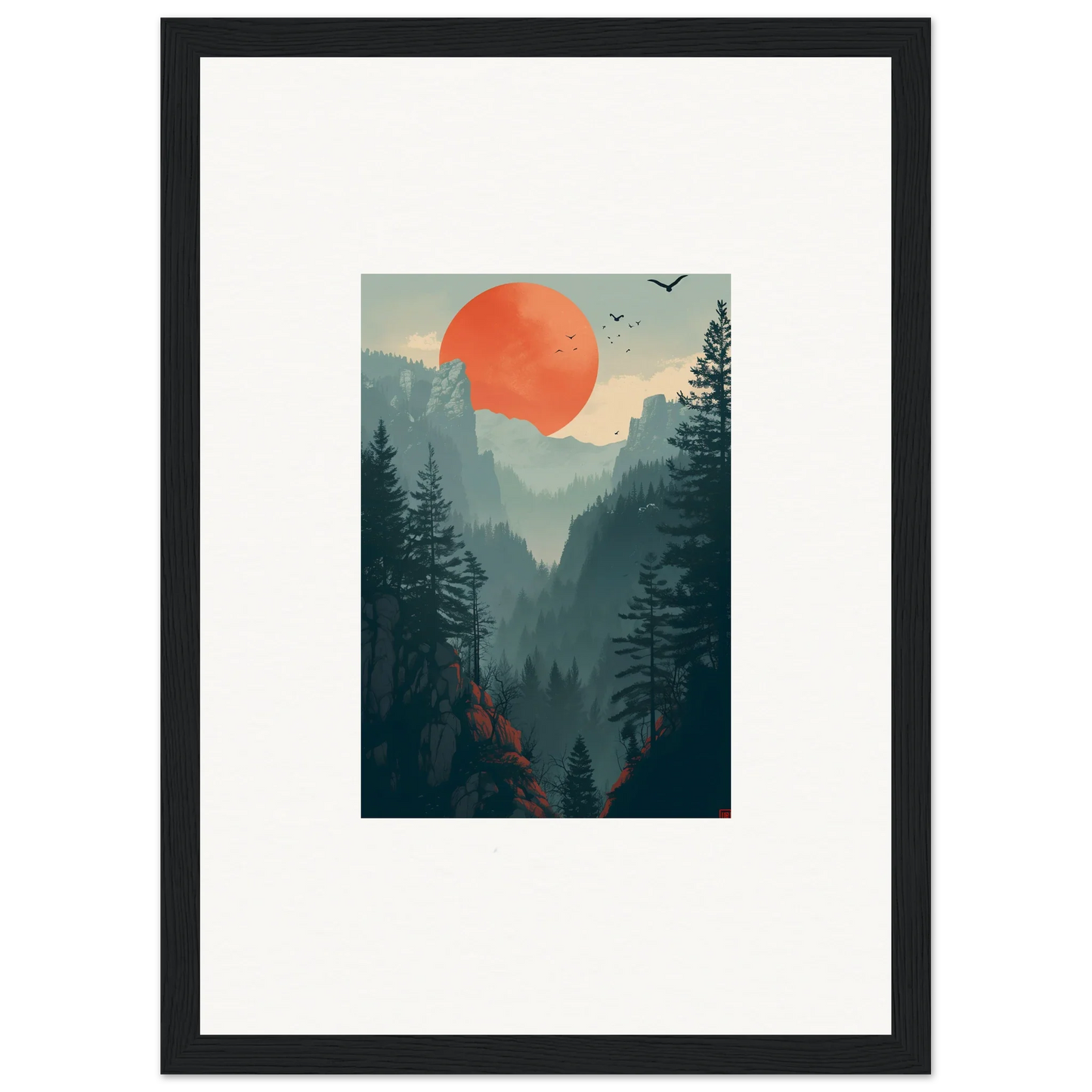 Framed Sunset Wilderness canvas print of a vibrant forest landscape for chic room decoration