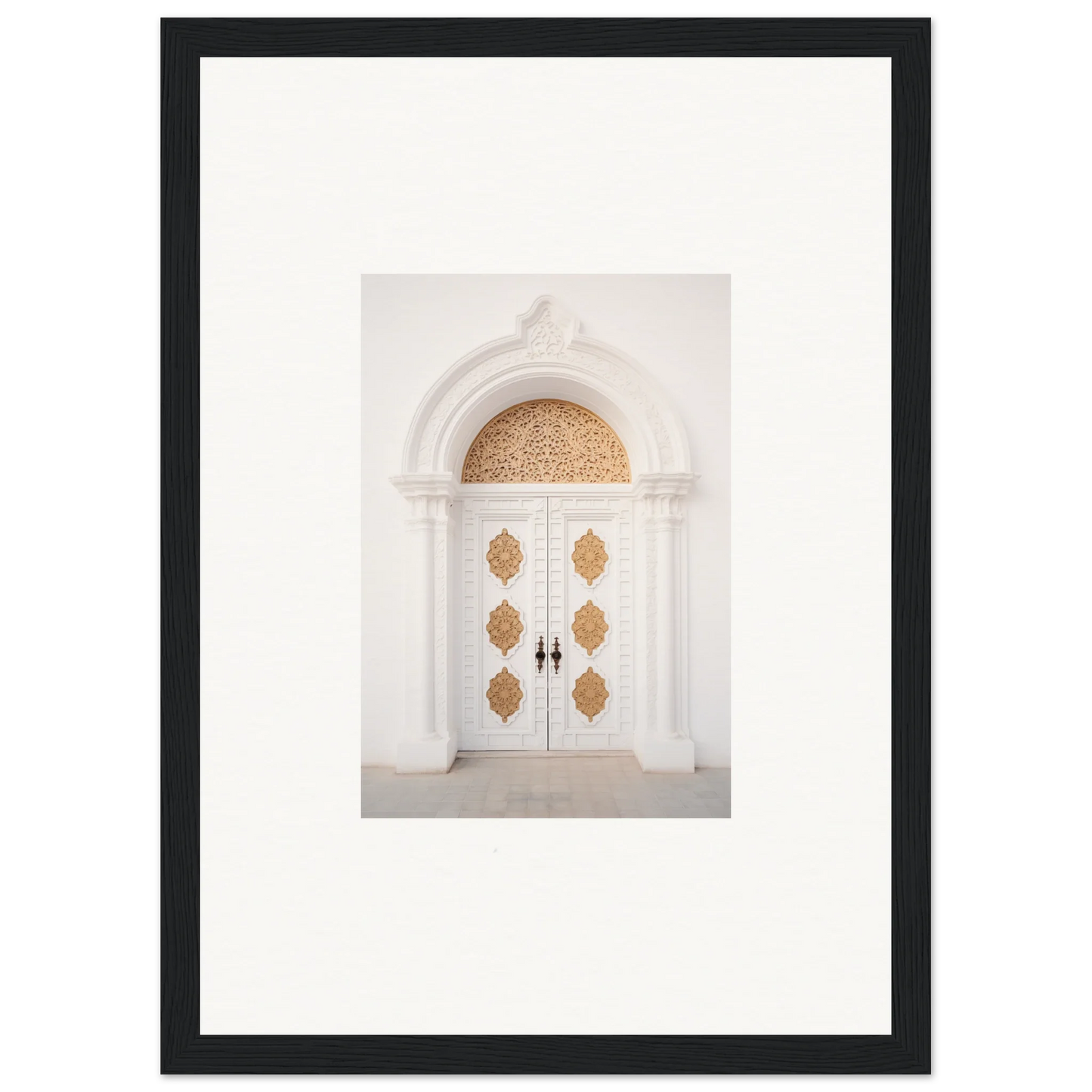 Ornate white double door with gold patterns in Gilded Mirage Passage framed wall art