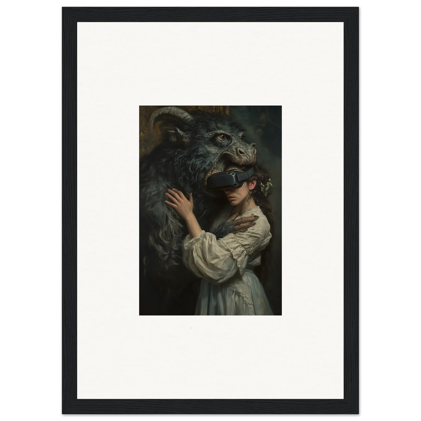 Dark framed artwork of a figure in white embracing a shadowy creature from Love, Reality Monster