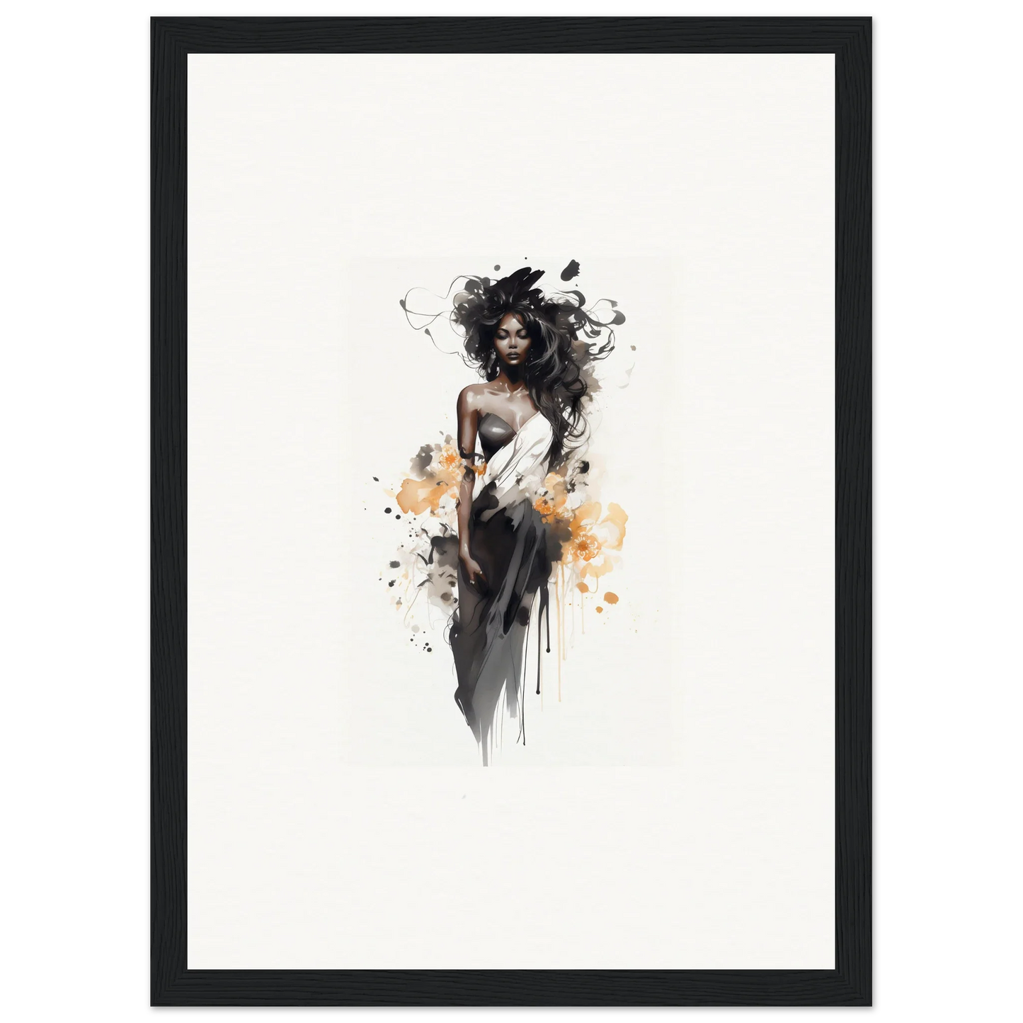 Artistic watercolor figure with flowing hair and dress in black and orange for Harlequin Suns Wash