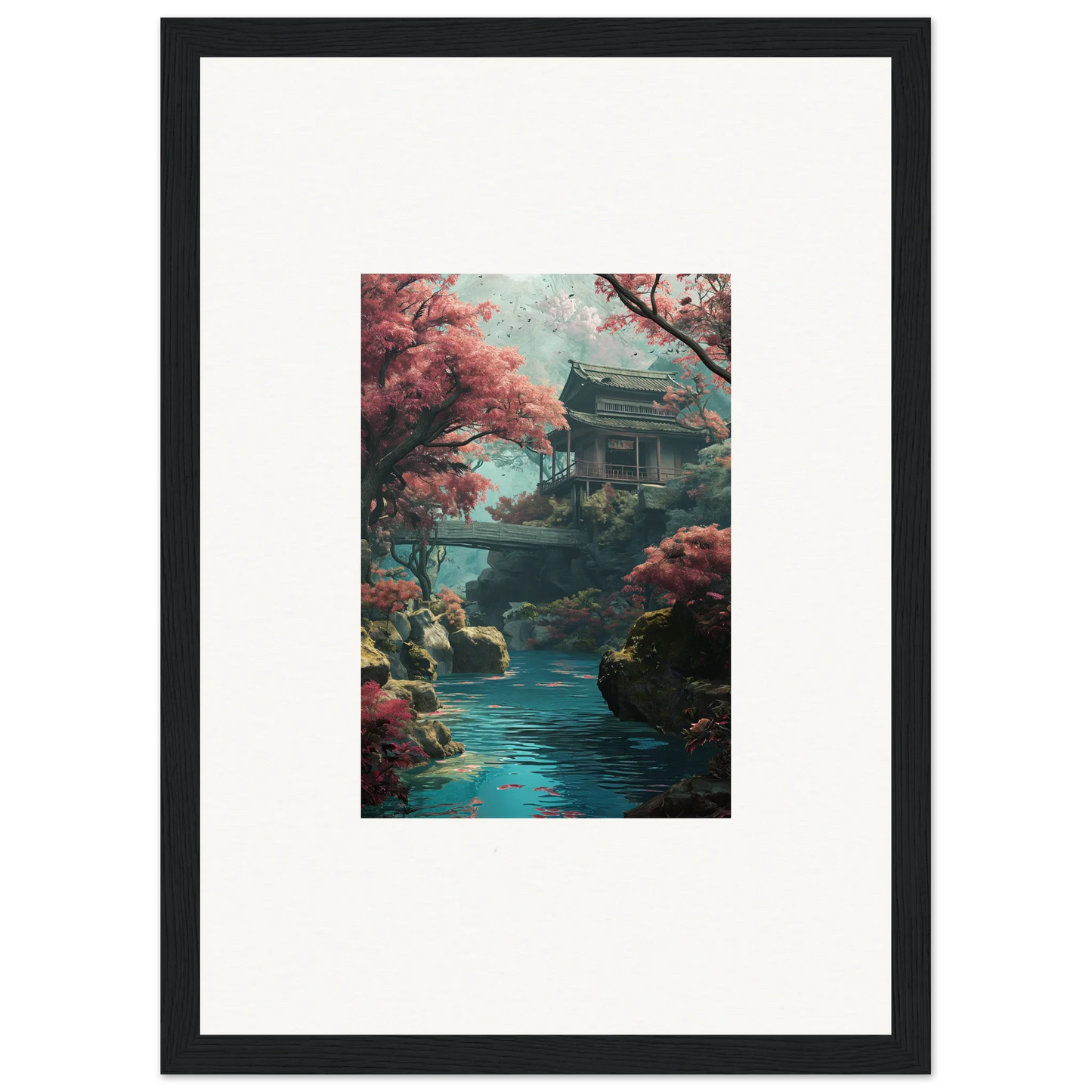 Traditional Japanese pagoda over turquoise water in Serenity’s Dreamscape special edition art™