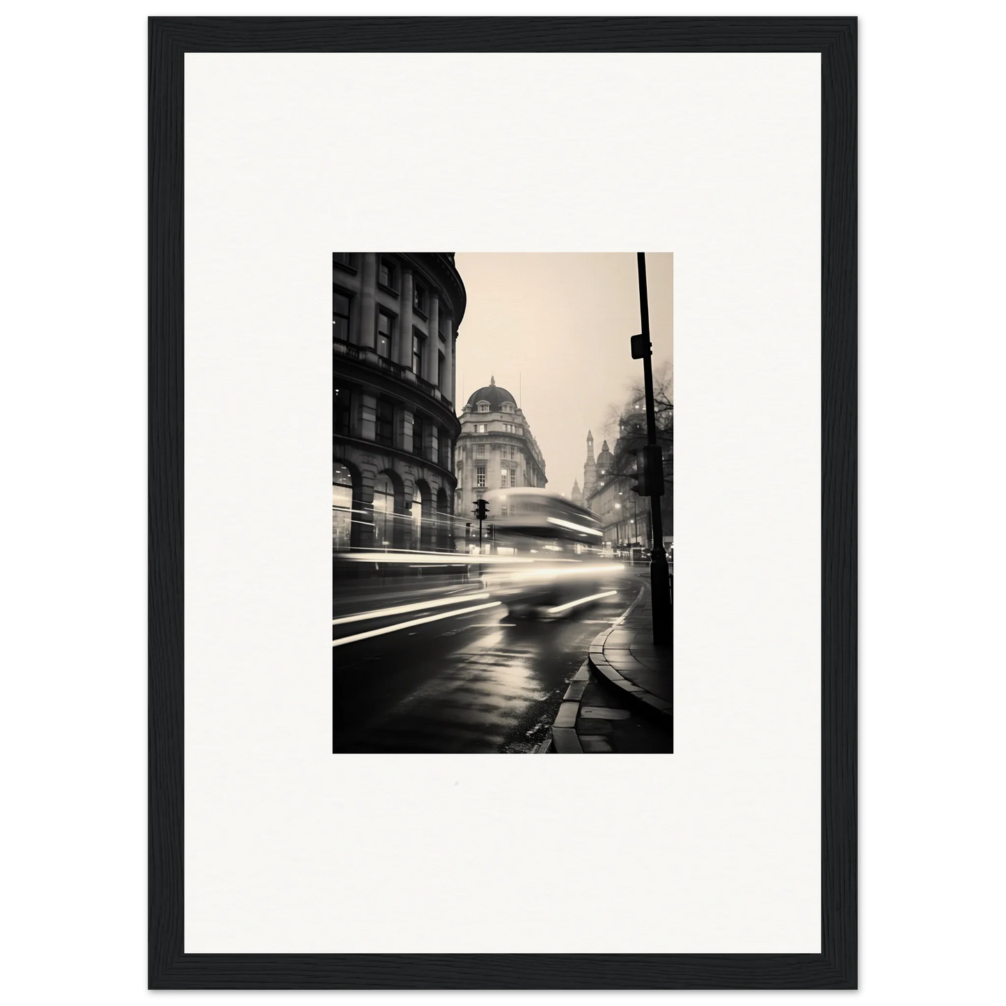 Black and white rainy city street with blurred traffic lights for Ethereal Citypulse Reverie