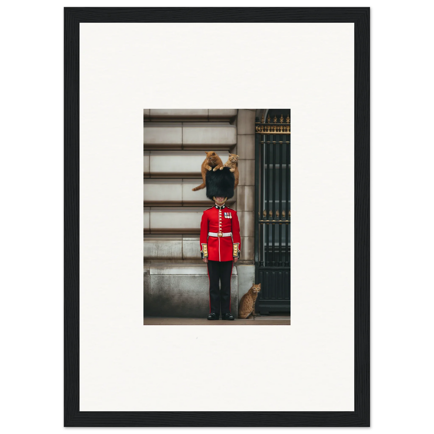 Ginger cat on Queen’s Guard uniform in Sensational Sentinels’ Playground framed poster