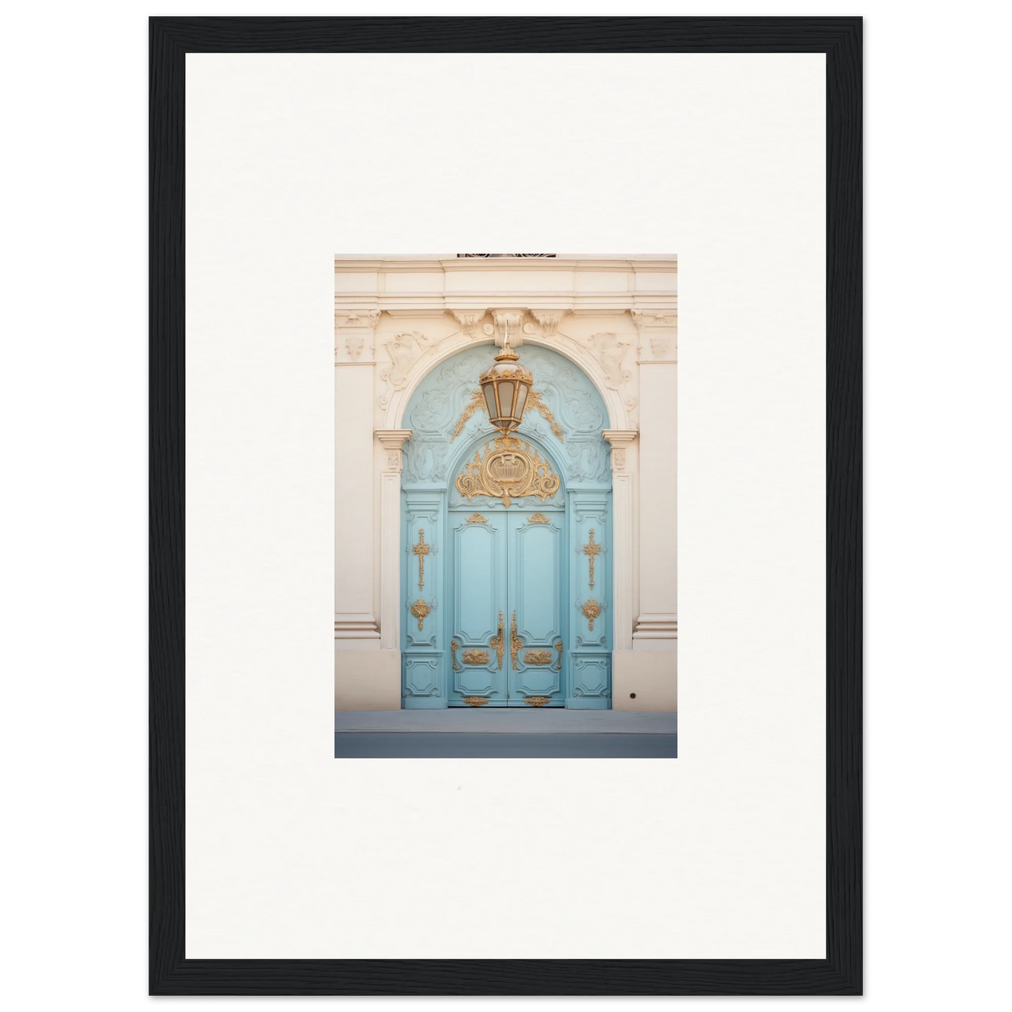 Ornate light blue double door with arch and lantern in Ethereal Thresholding Gate art