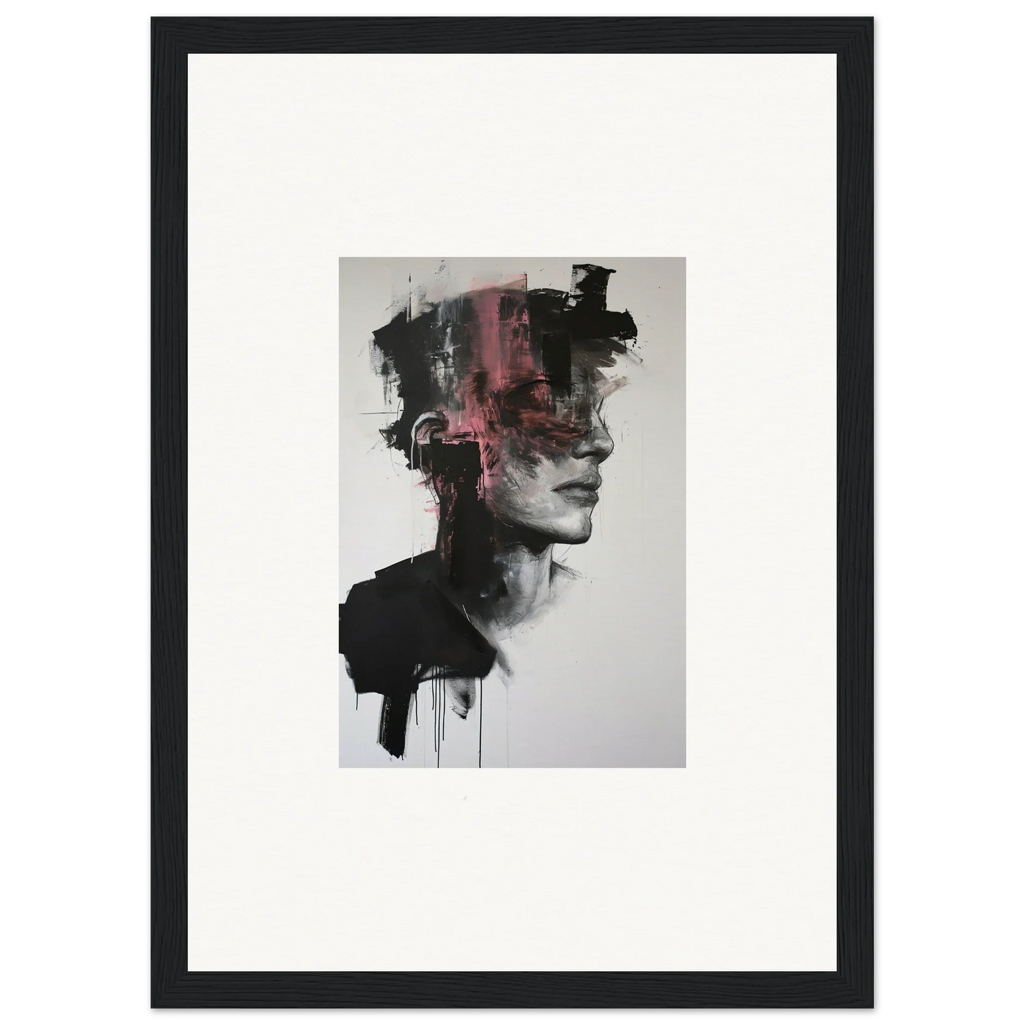 Abstract black and pink watercolor portrait on Fragmented Psyche Canvas with drips