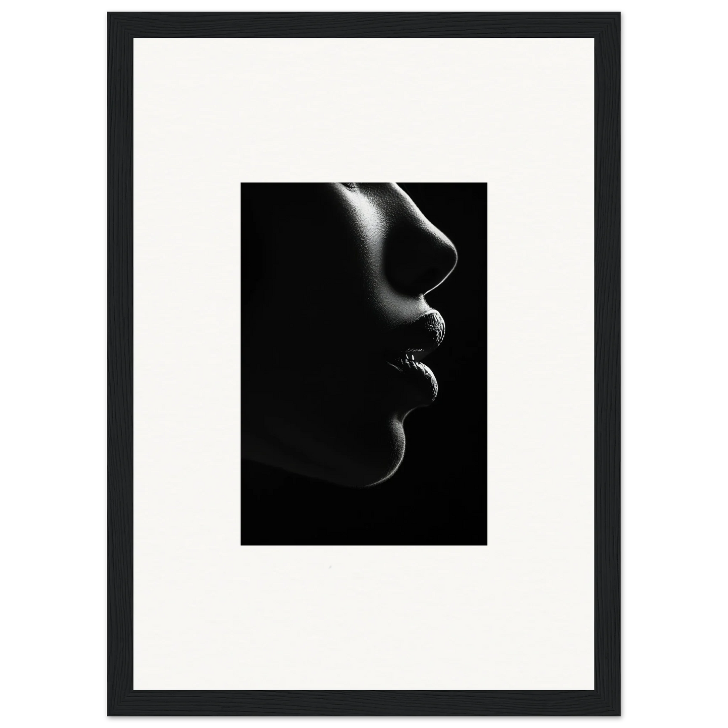 Black and white silhouette of lips and nose in side light for Silver Twilight Whispers framed posters