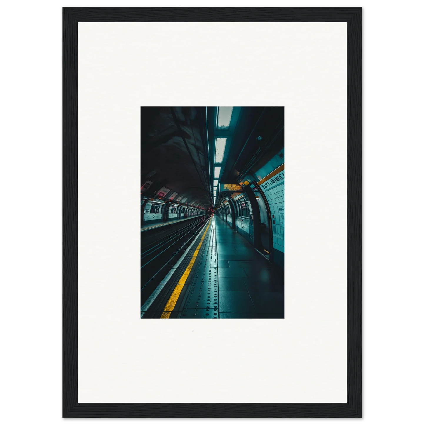Framed photograph of an empty subway platform in turquoise for Portal Echo Anatomy art™