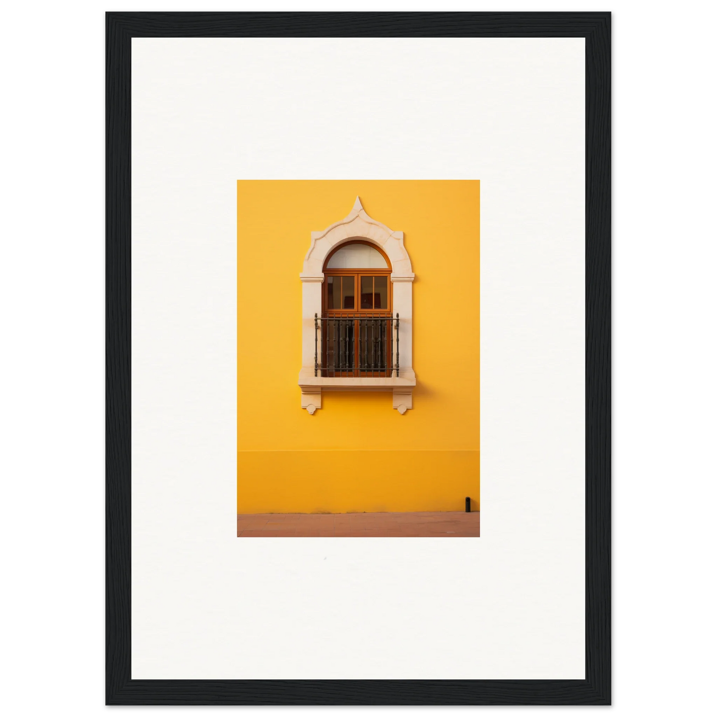 Arched wooden window with trim on yellow wall in Golden Portal Reverie artwork