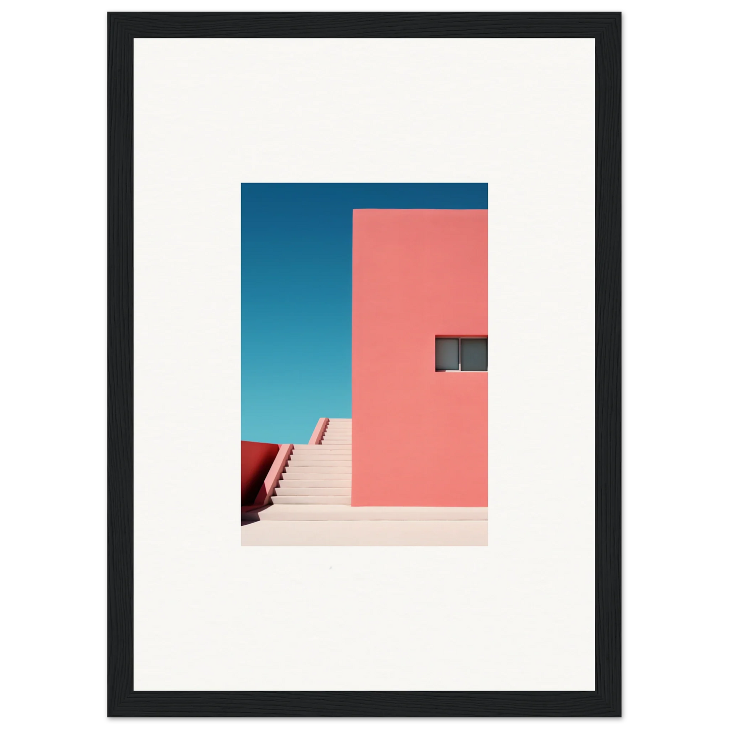 Minimalist architectural photo of pink walls and stairs for Cerulean Dream Ickles framed wall art
