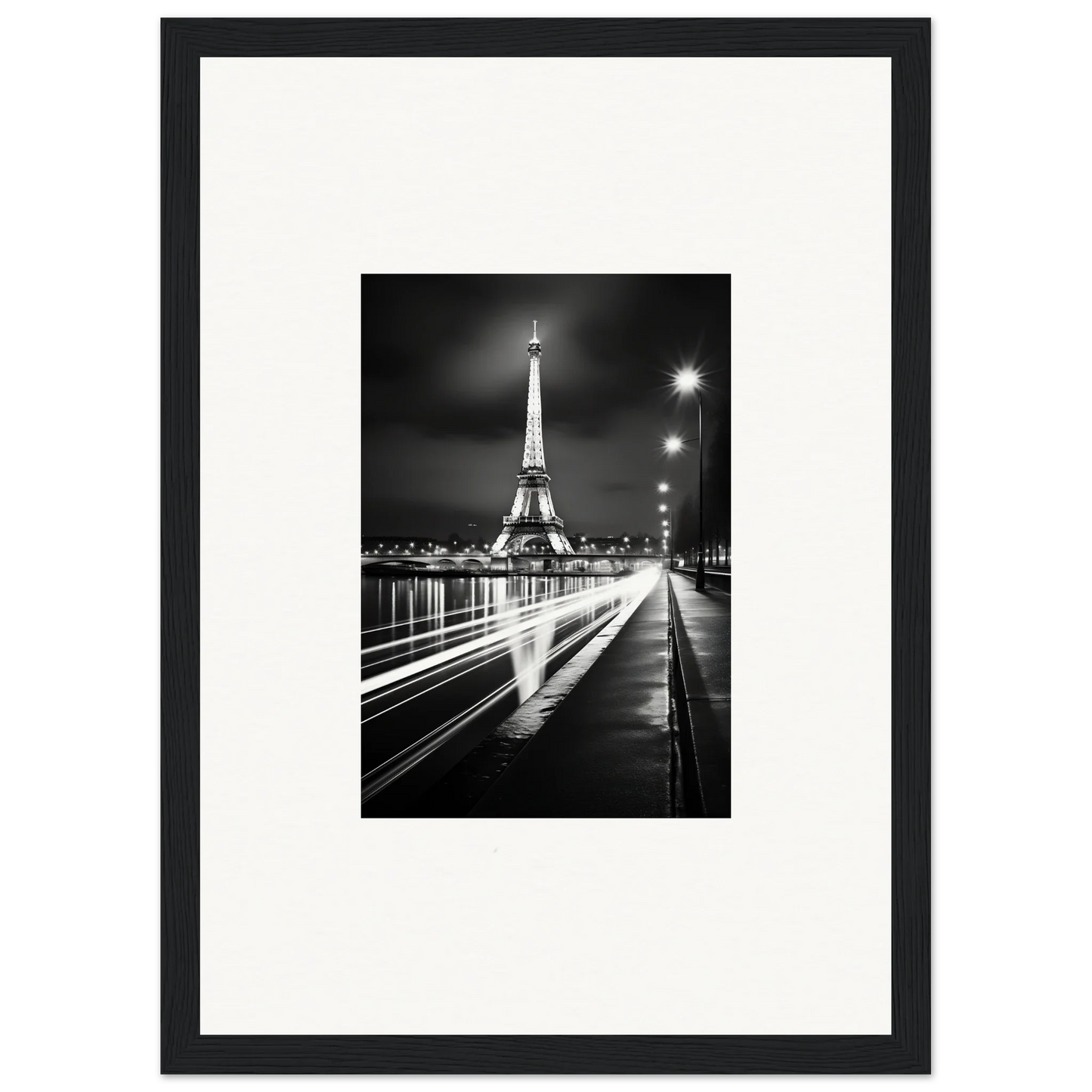 Black and white photo of the Eiffel Tower at night for premium framed wall art