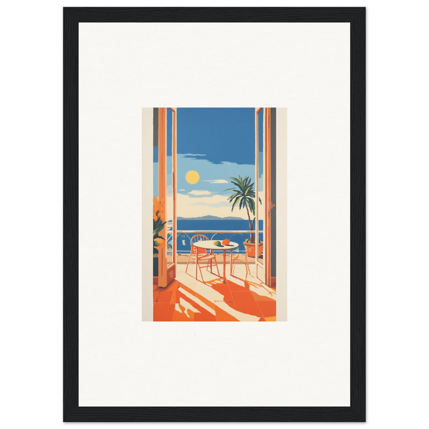 Framed poster of a sunny oceanfront balcony for Tranquil Mirage Brunch art™