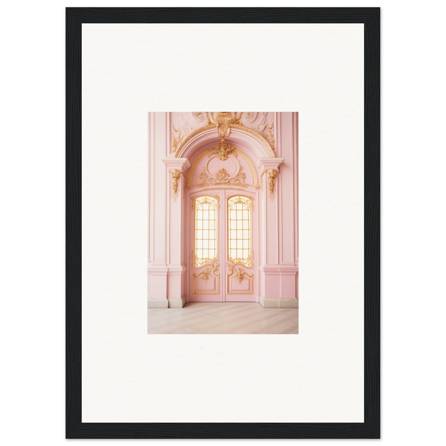Ornate pink double doors with Rococo details in Ethereal Rose Haven framed wall art