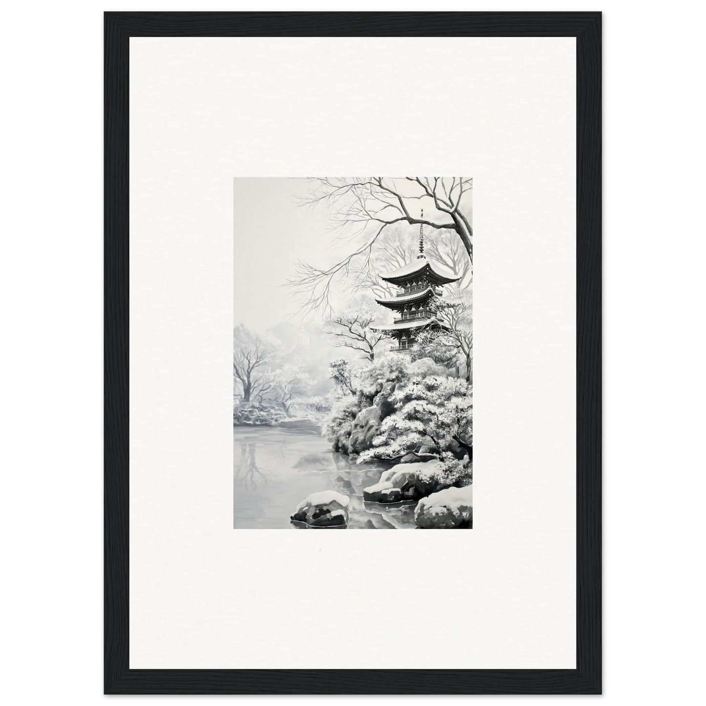 Black and white ink painting of a Japanese pagoda in Crystallized Blossom Oasis framed art