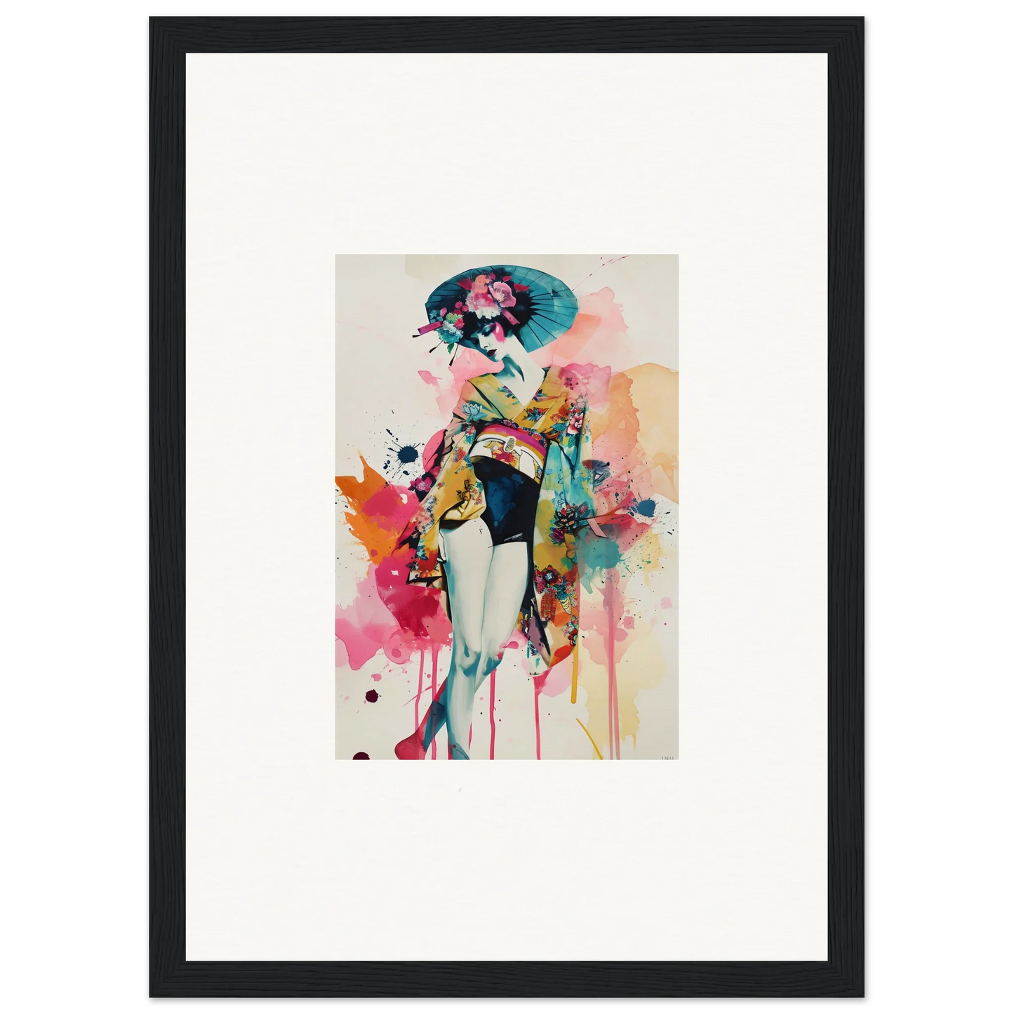 Vibrant watercolor Geisha wall art canvas print for stylish room decoration