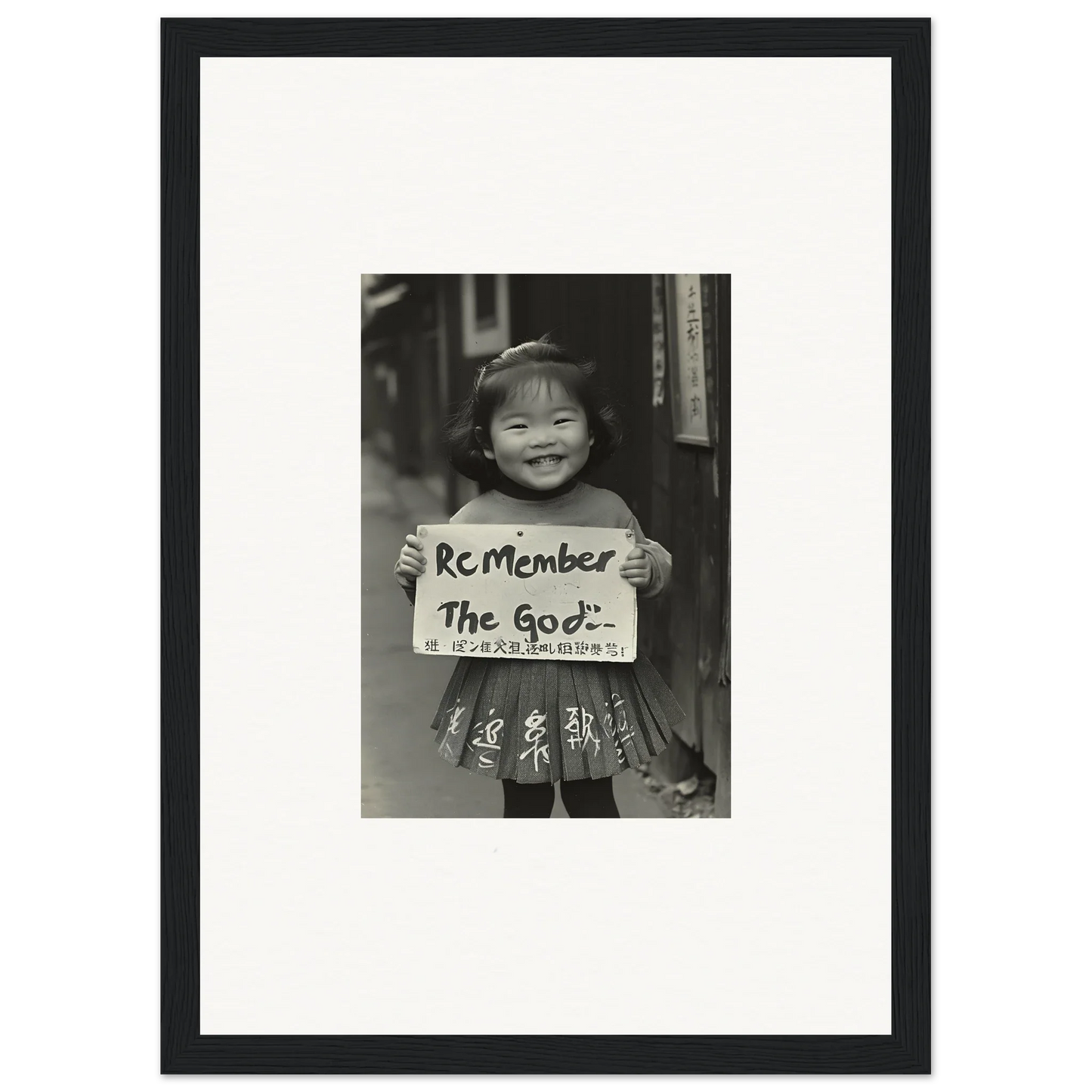 Child holding sign in black and white, part of Sacred Smile Echoes framed wall art