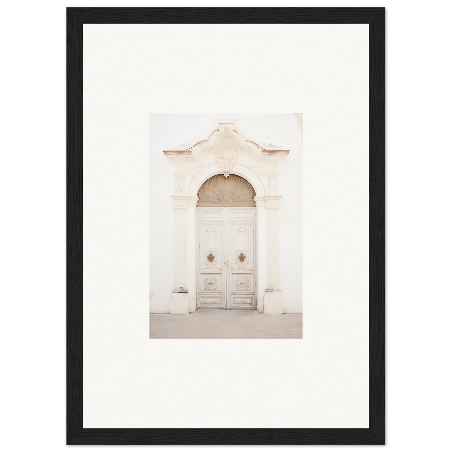 Ornate white double door with archway, framed wall art for Faded Elegance Whispers