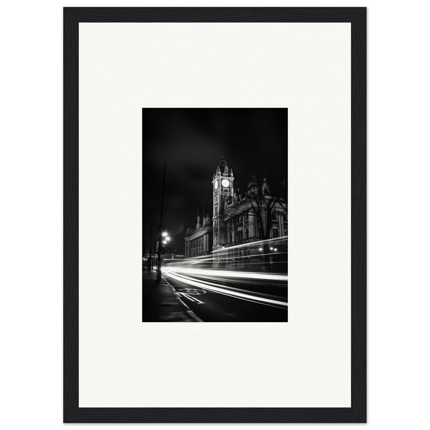 Black and white shot of Westminster Abbey at night with light trails, Temporal Phantasm Glide