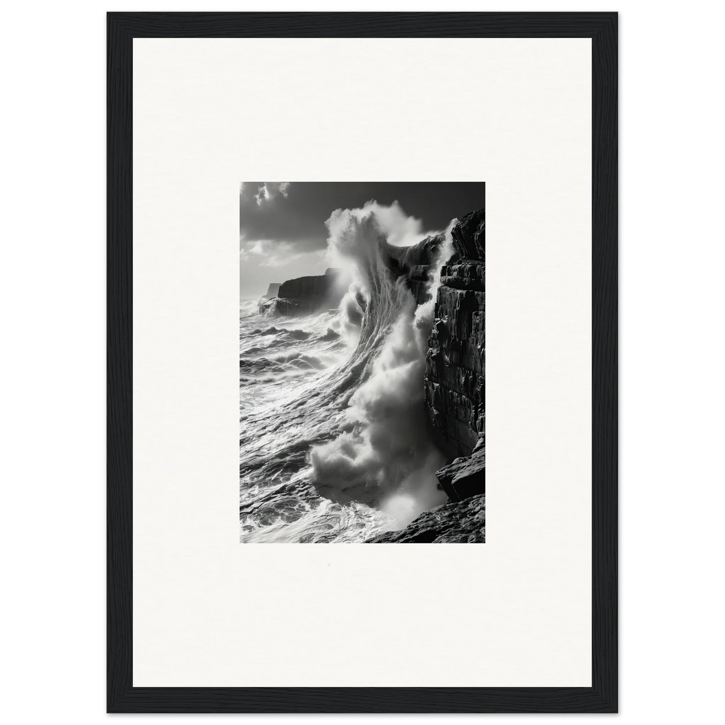 Powerful ocean wave crashing on rocky cliff in Tidal Curved Reality framed wall art