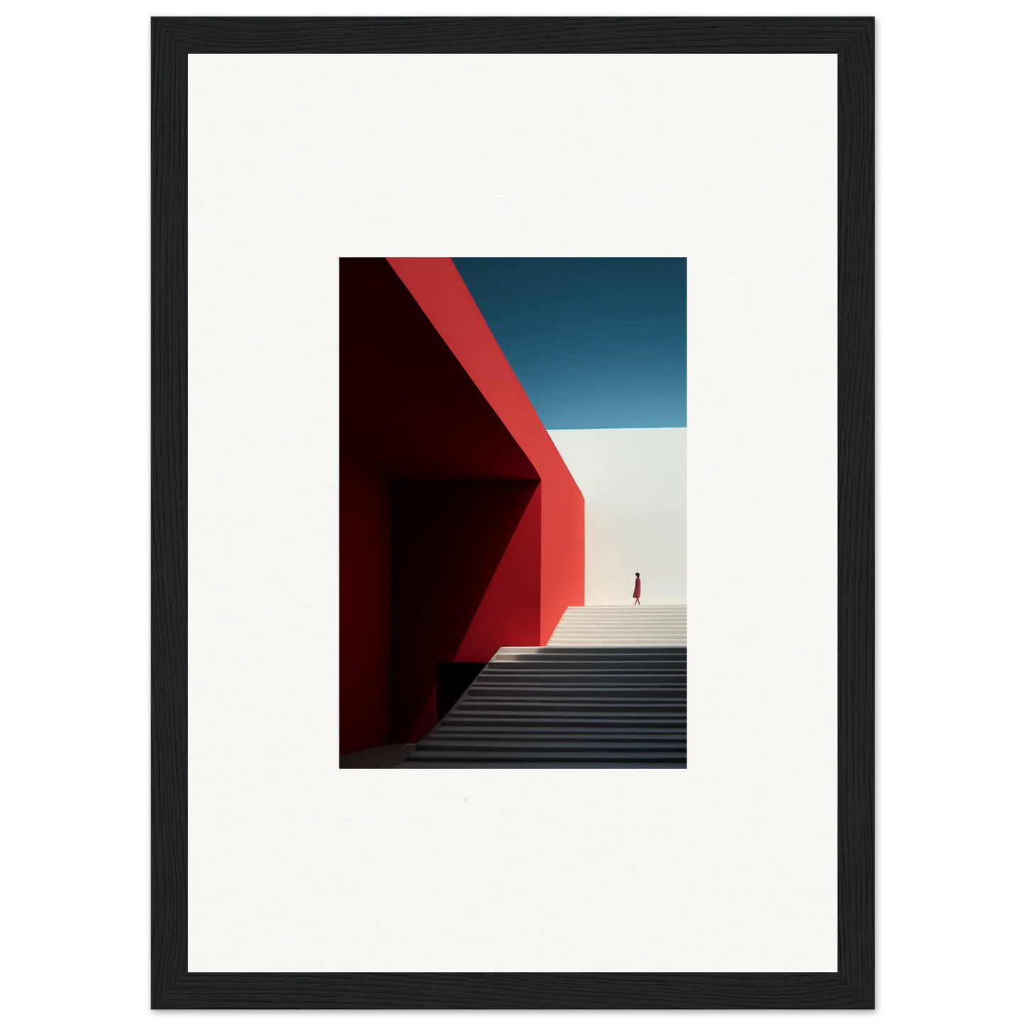 Minimalist architectural photo with red walls, white stairs, and a figure for Mesa Quizzes Cascades