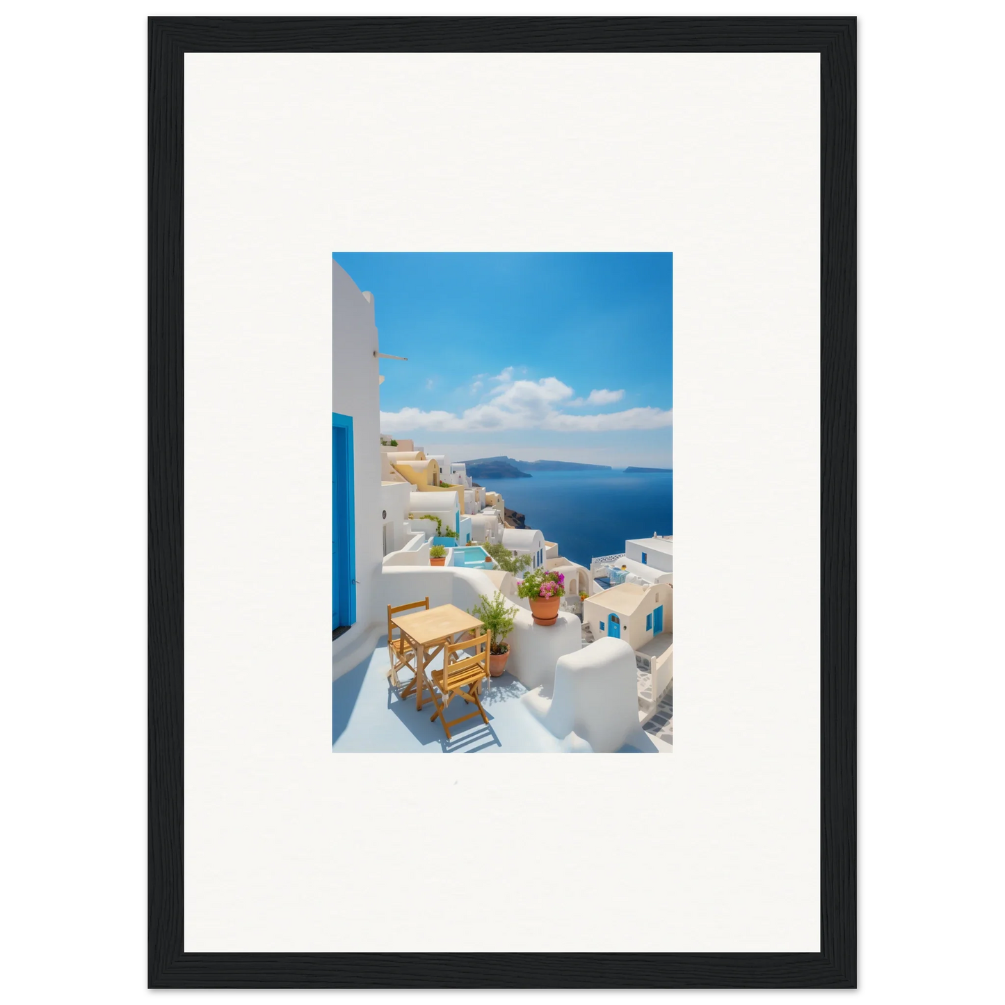 Framed poster of Santorini’s white buildings and blue sea from Dream-Touched Odyssey