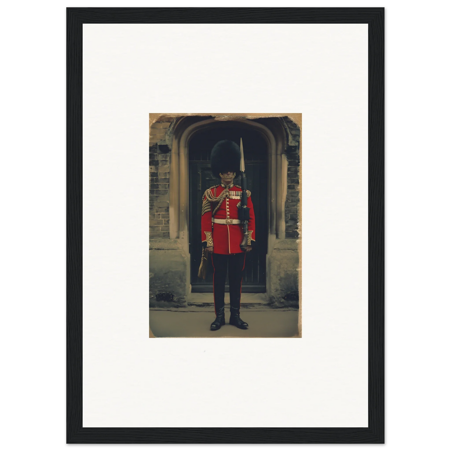 Royal guard in red uniform and bearskin hat at Solstice Brickbeard Visitor display