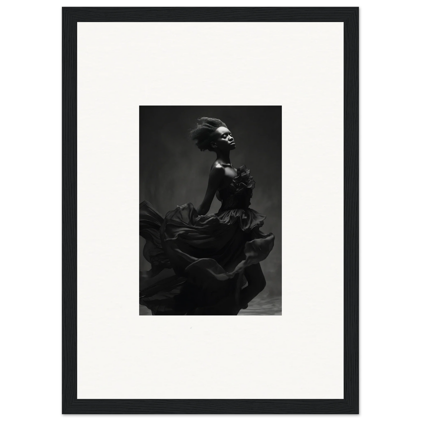 Black and white photo capturing Veiled Nigretto Whispers in a dramatic dress movement