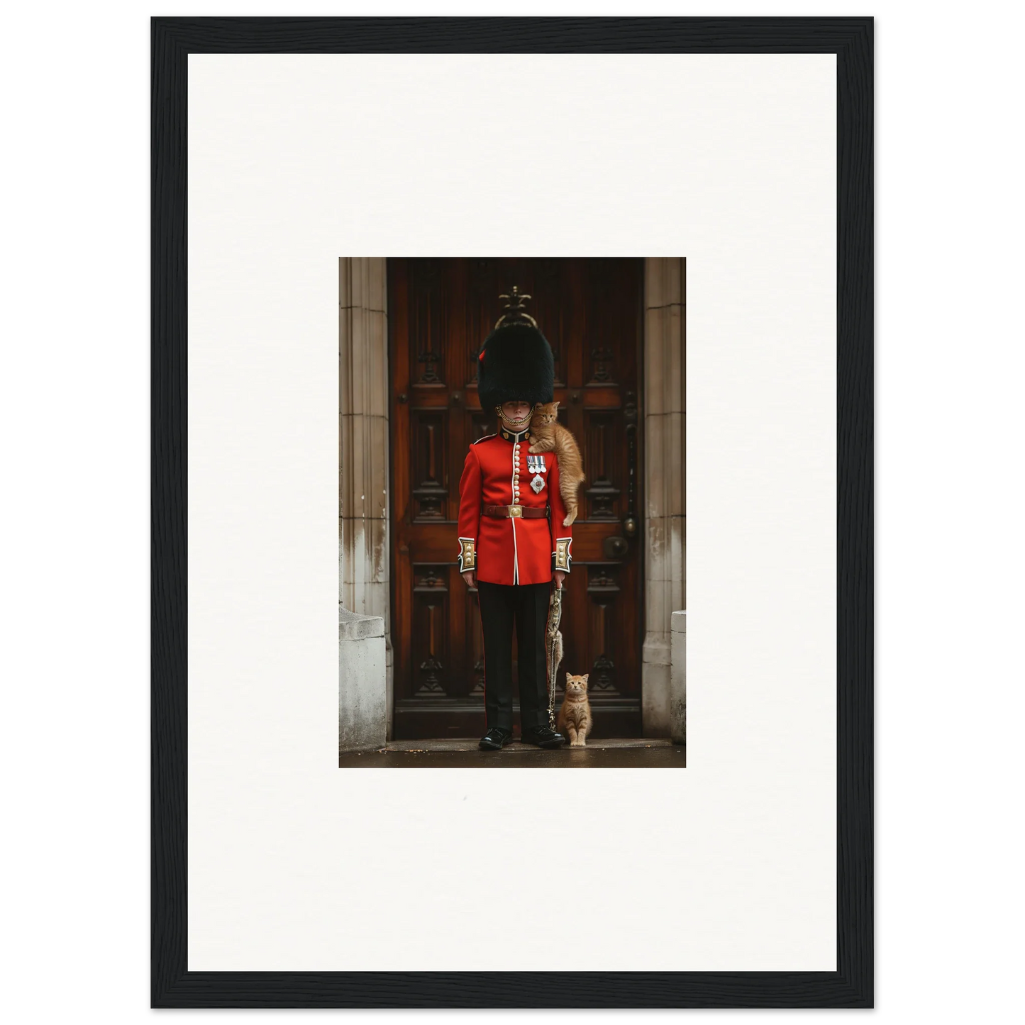 Queen’s Guard in red uniform with a cat for God Save premium framed wall art