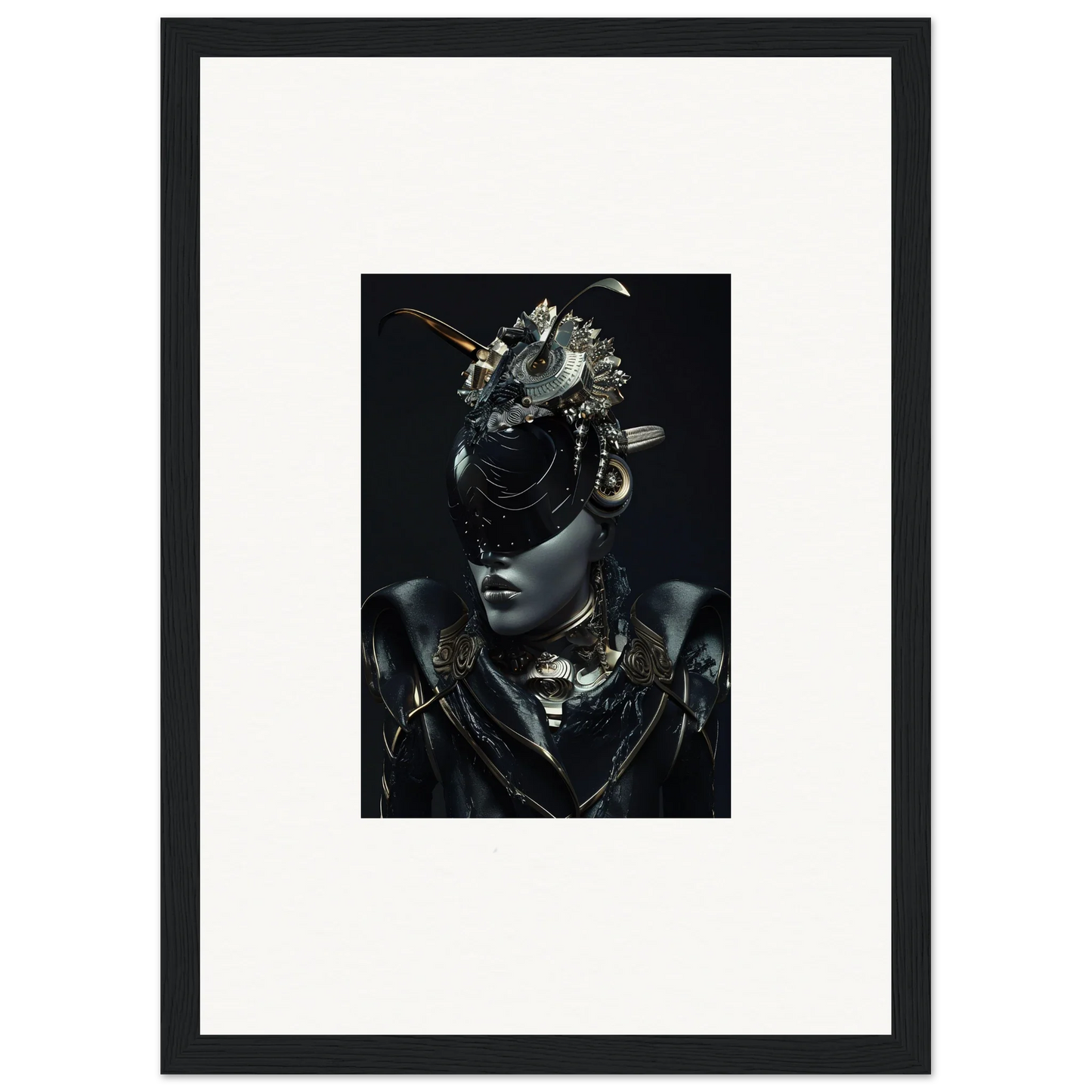 Framed portrait of an elegant figure in headdress, perfect wall art for room decoration