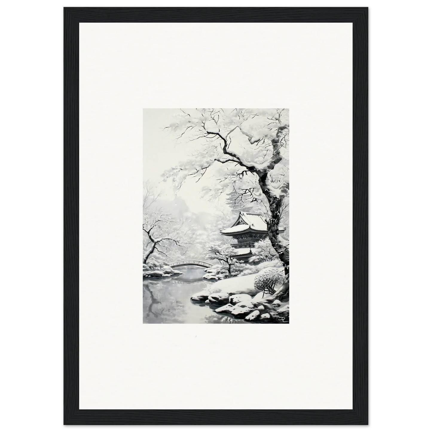 Black-framed artwork of a snowy Japanese landscape from the Winter Embrace Whisper series