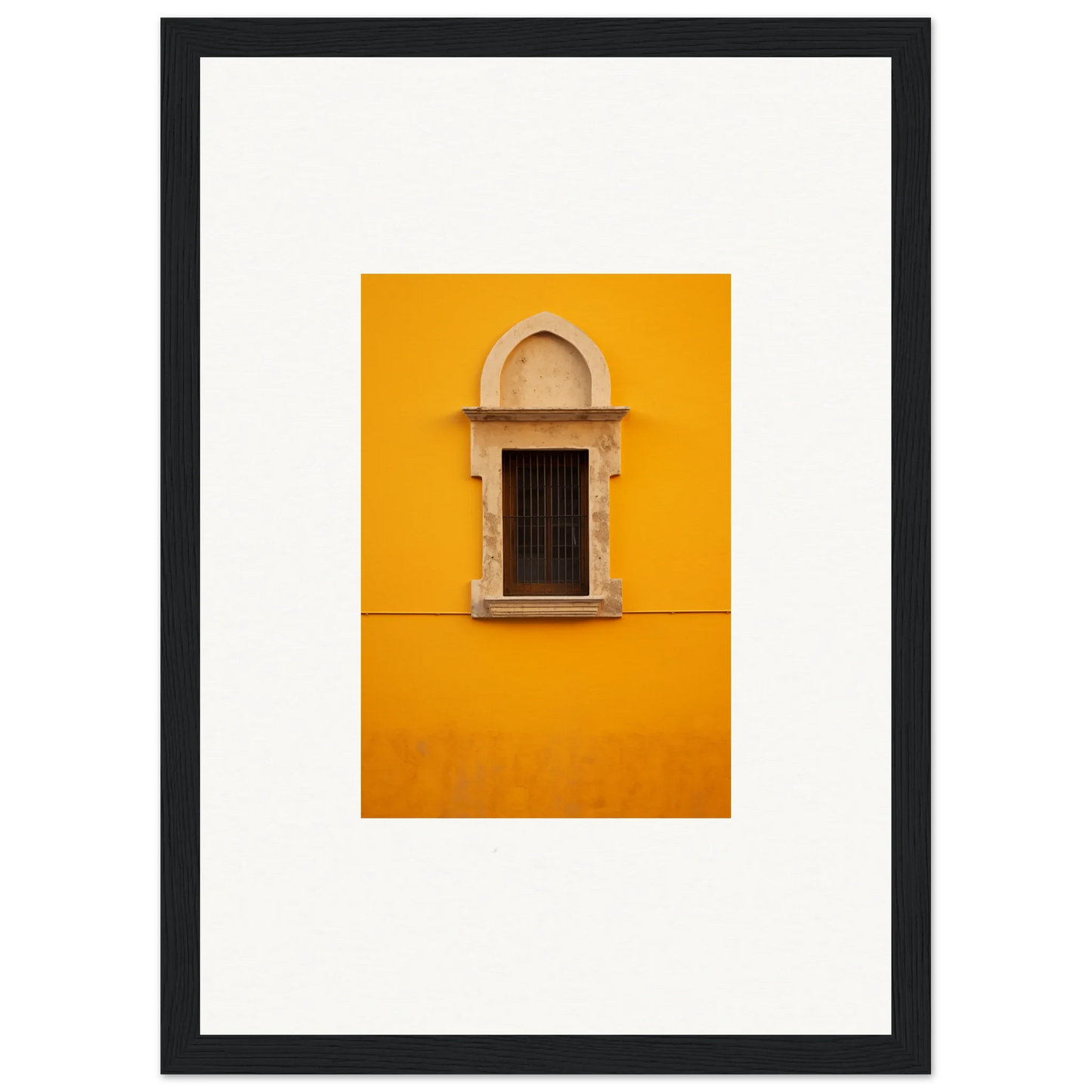 Ornate stone window frame on a bright yellow wall for Golden Correspondence Portal art
