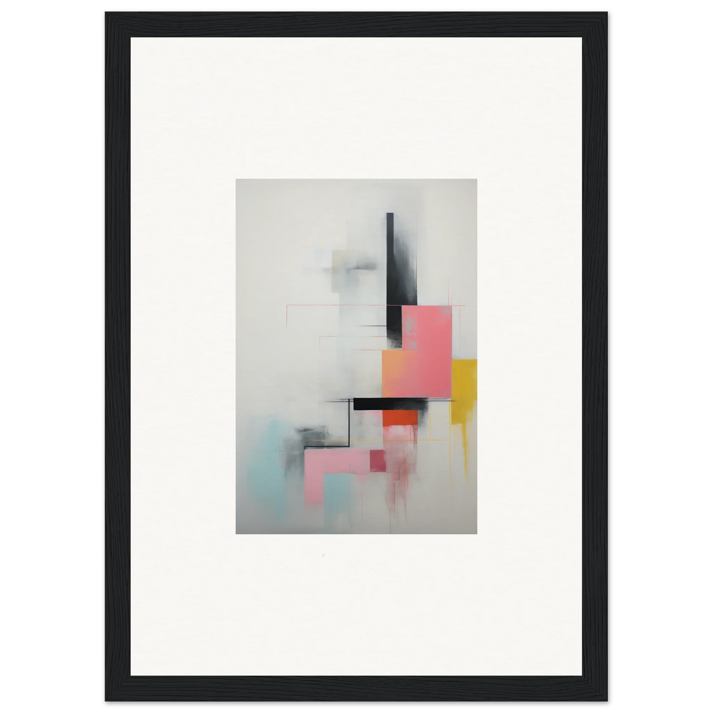 Abstract geometric artwork in soft pink, yellow, and black for Ethereal Chrome Juxtaposition