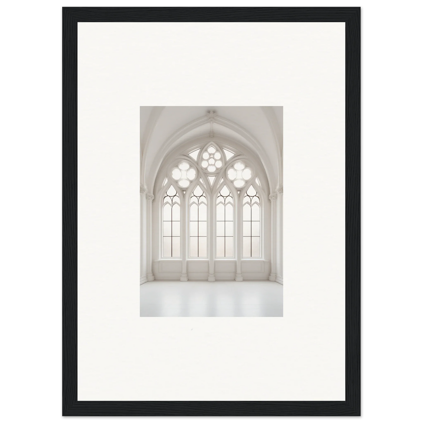Gothic arched window with ornate tracery in Ethereal Light Elegy framed wall art