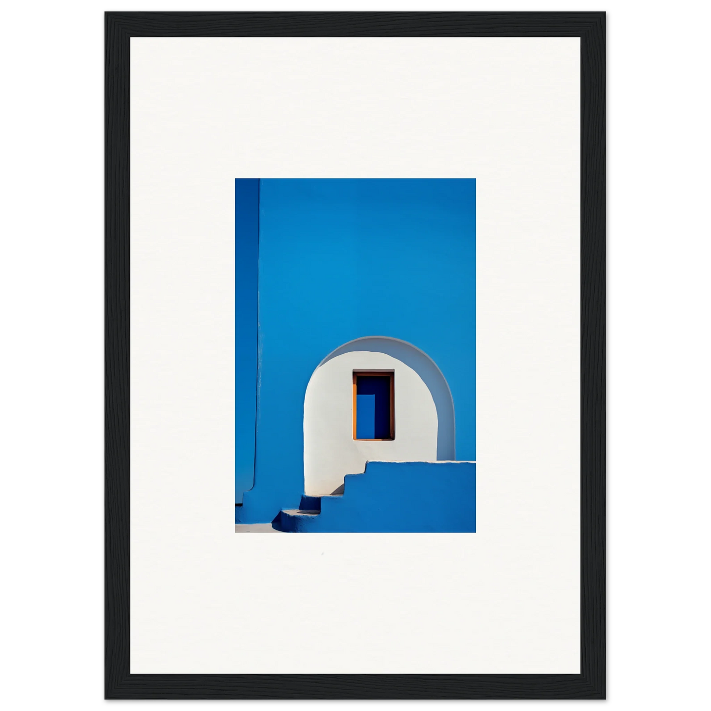 White arched doorway with steps on a blue wall for Doorway of Dreams framed wall art