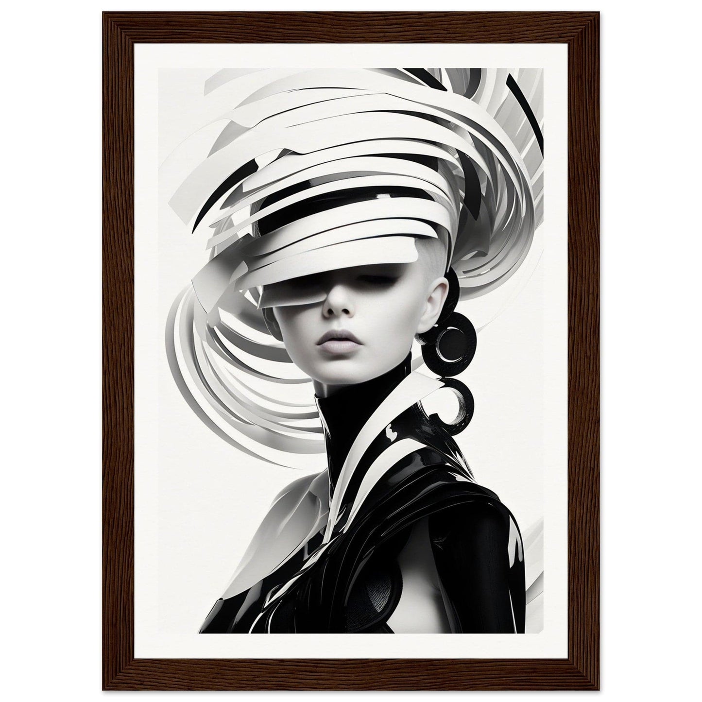 Stylized black and white portrait of a woman wearing an avant-garde spiral hat and large hoop earrings.