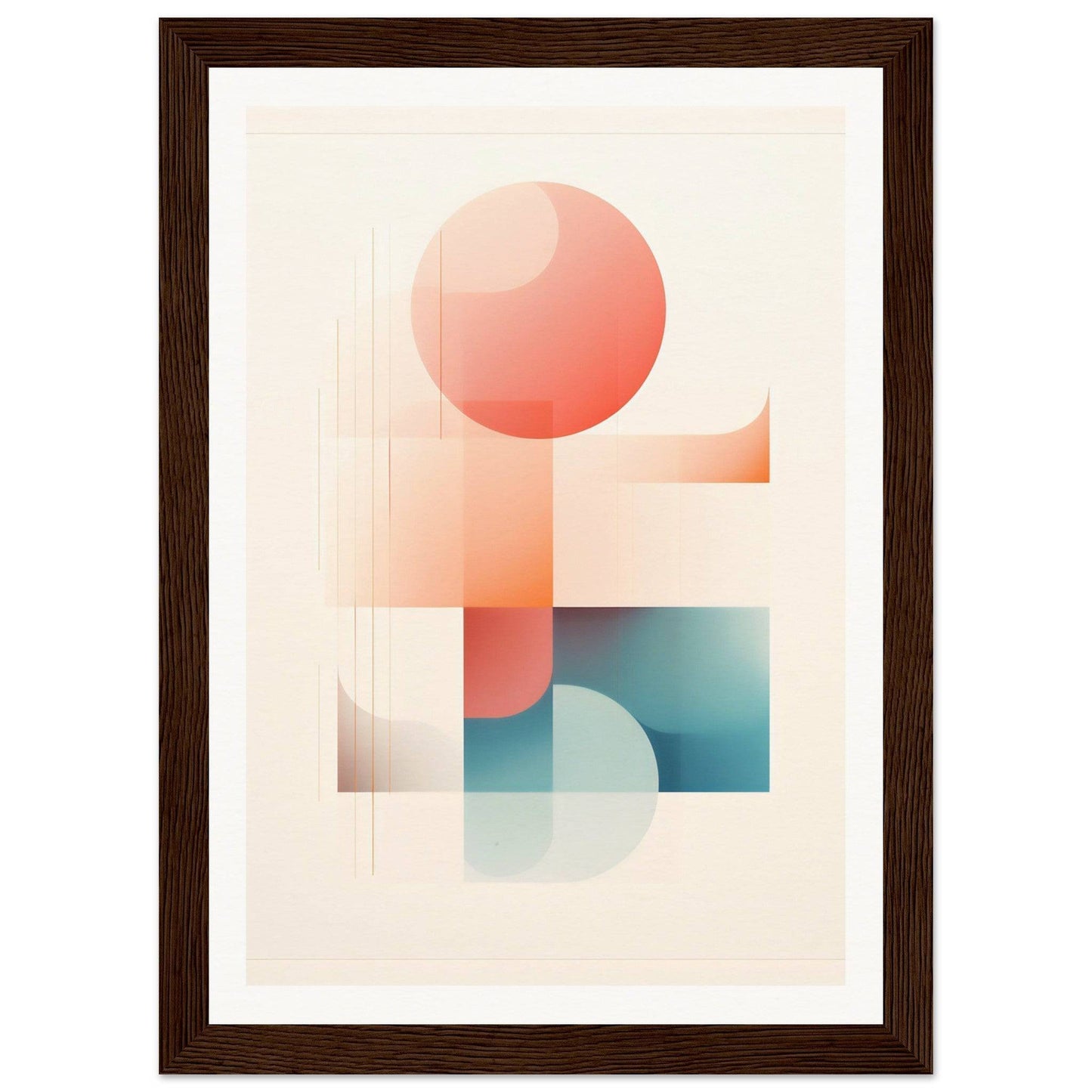 Abstract geometric artwork featuring soft pastel shapes in coral and teal tones.