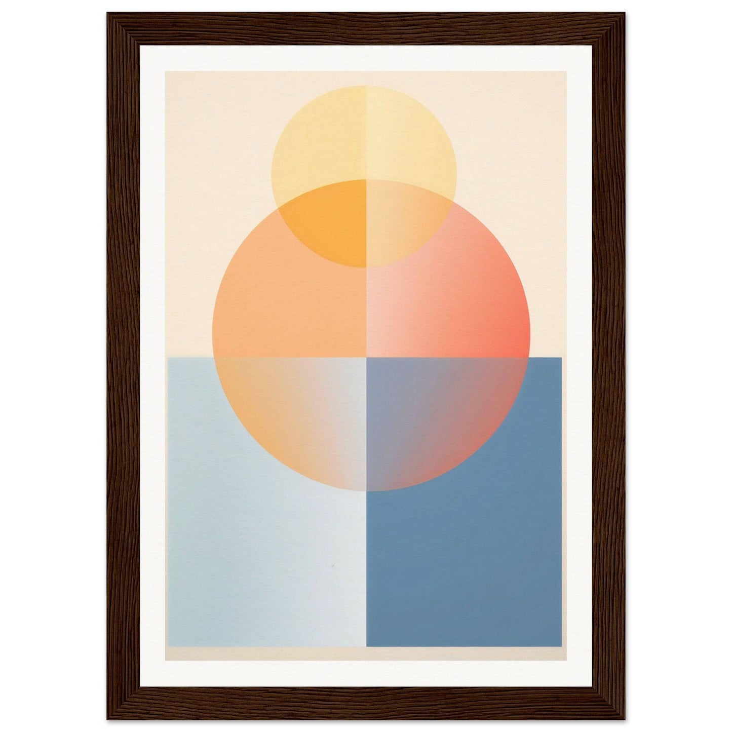 Abstract geometric artwork featuring overlapping circles and rectangles in pastel colors.