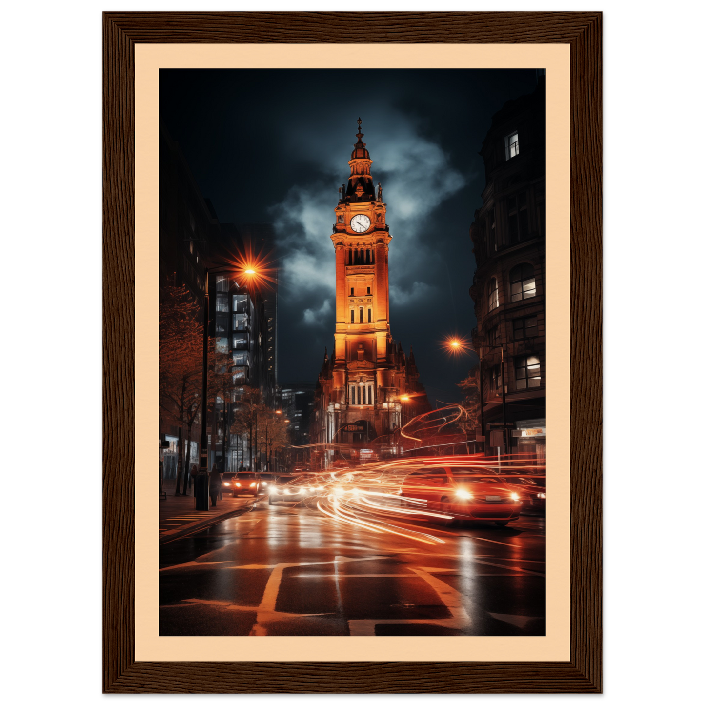 Illuminated clock tower at night with light trails from traffic in the foreground.